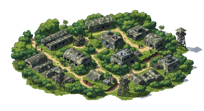 Isometric illustration of a 3D military base featuring barracks and other buildings nestled among dense green trees, presented in a low poly style with a tactical layout