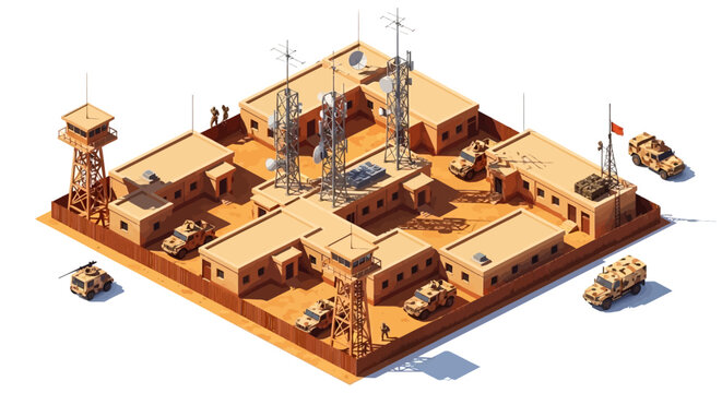 Isometric illustration of a tactical military base, showing an army camp layout with multiple buildings, vehicles, and communication towers against a clean white background, rendered