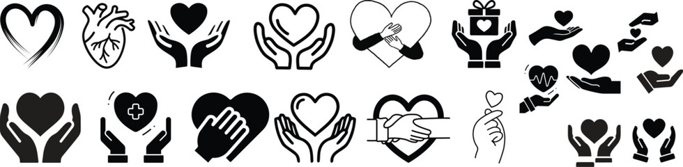 Fototapeta premium Heart in hand icon set.Donation and giving aid concept , Hands holding heart icon.Love icon. Health, medicine symbol. Healthcare hands holding heart flat and line style - stock vector.