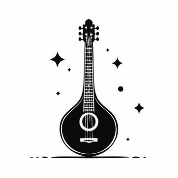 Black and white illustration of a bouzouki with stars