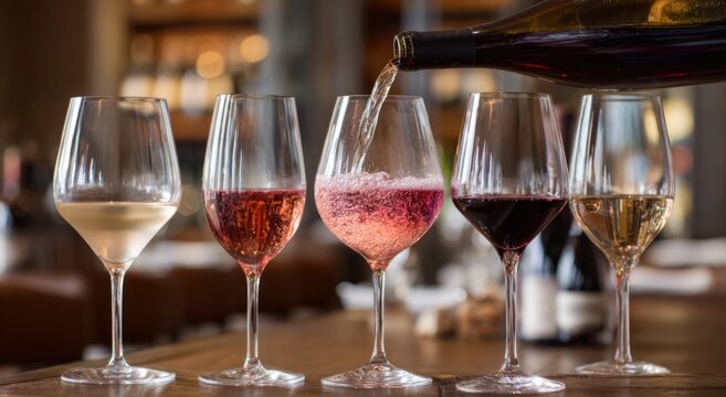 A selection of wine glasses filled with various types of wine, including white, ros?, and red, arranged on a wooden surface during a wine tasting event