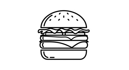 Fototapeta premium Classic Hamburger Outline Icon with Sesame Seed Bun, Patty, Cheese, and Lettuce. Fast Food Line Art Vector Illustration.