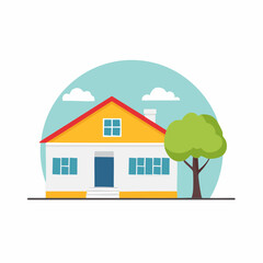 Fototapeta premium Illustration of a simple house with a tree and clouds