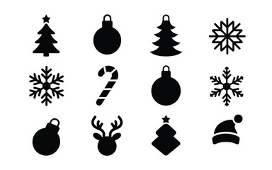 Black christmas icons set including trees ornaments snowflakes candy cane reindeer and santa hat on white background © loveley0190