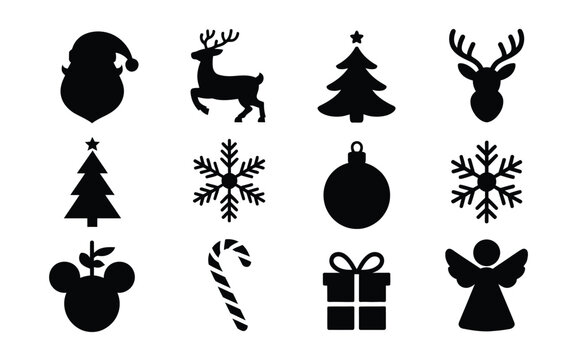 Black christmas icons set including santa reindeer tree ornaments snowflakes and gifts on white background