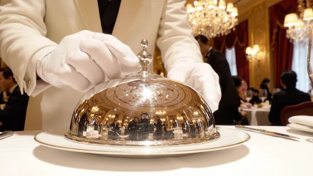 Waiter presenting covered dish in restaurant.