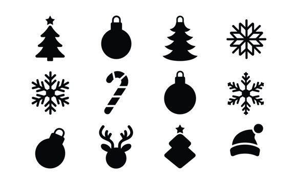Black christmas icons set including trees ornaments snowflakes candy cane reindeer and santa hat on white background