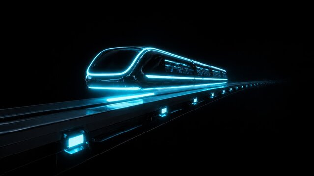 Glowing cyan train hovering frictionlessly over a dark magnetic track, a conceptual metaphor for the law of detachment and effortless business scaling.