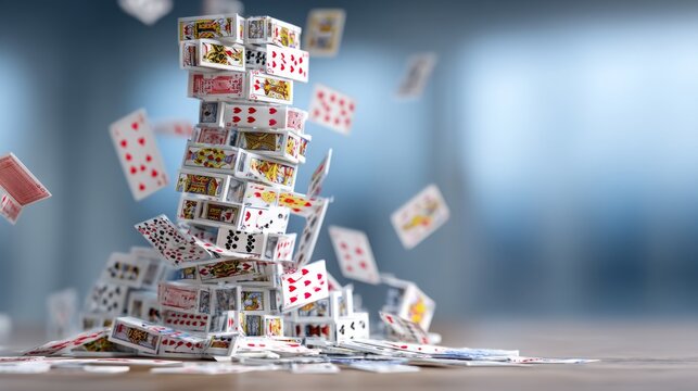 Stacked Playing Cards Forming a Tall House Structure with Falling Cards