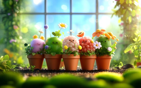 Cute Gardeners in Greenhouse with Colorful Flower Pots and Cheerful Heads