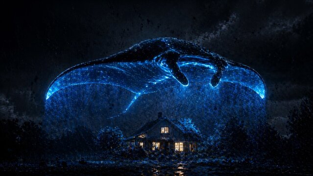 Bioluminescent blue manta ray shielding a house from a dark ash storm, a surreal metaphor for marriage as a sanctuary and family protection.