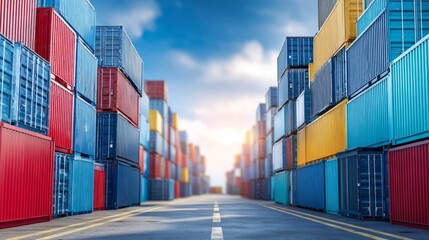 Fototapeta premium Colorful Containers Stacked in a Shipping Yard Under a Bright Sky