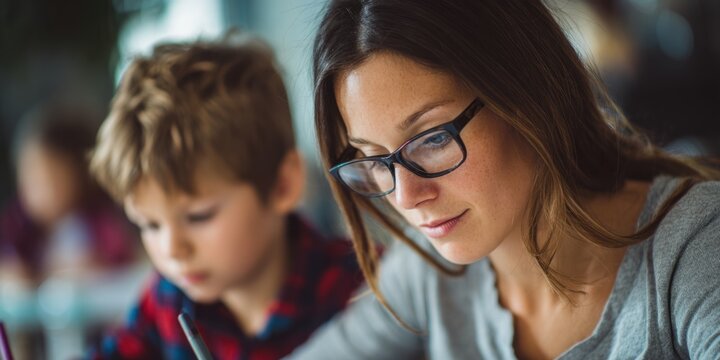 American mother and son doing homework together in a cozy indoor setting