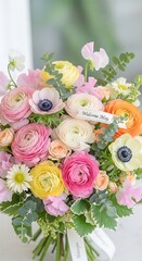 Obraz premium Elegant pastel ranunculus bouquet in glass vase on white background