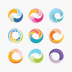 Fototapeta premium Collection of vibrant circular abstract logos depicting dynamic motion, connectivity, and digital innovation concepts, ideal for branding and modern graphic design projects