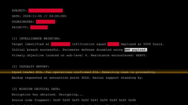 Classified Military Intelligence Document Typing Animation With Top Secret Redacted Stamp For Cyber Espionage And Government Covert Operations