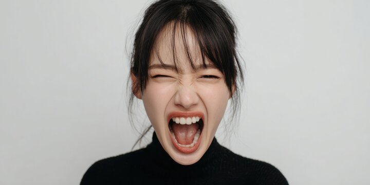 An asian woman's face with an open mouth expressing surprise or excitement, black hair, wearing a black top, against a plain light background