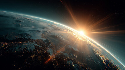 Obraz premium Earth from space with glowing light rays, futuristic view