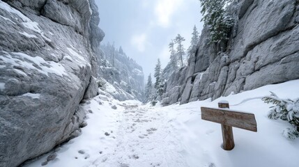 Fototapeta premium Winding Narrow Path Covered in Fresh Snow Between Rocky Mountains
