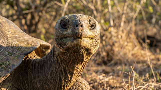 Close up portrait of a Pinta Island giant tortoise face with deeply wrinkled ancient skin in wild habitat for nature documentary and wildlife conservation education background