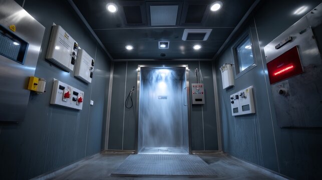 Modern Room with Spray Arch and Control Panels in an Industrial Setting