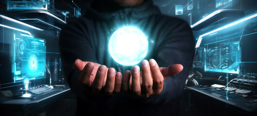 Fototapeta premium Futuristic technology concept with glowing digital orb in hands surrounded by hightech interfaces and holograms