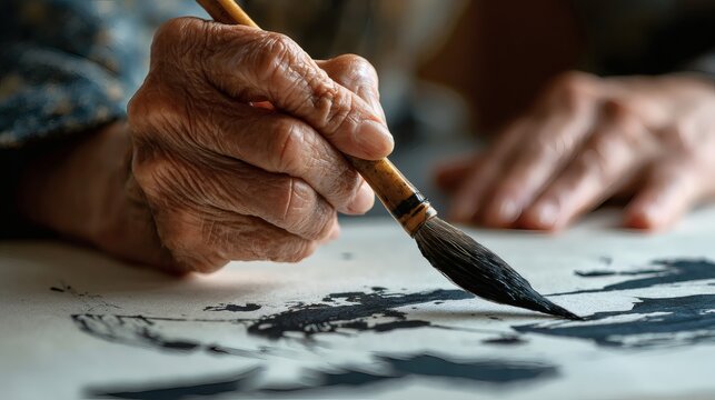 Macro POV of elegant senior hands holding a bamboo brush painting abstract ink strokes on textured paper.