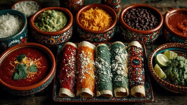 Vibrant Mexican Enchiladas with Assorted Sides and Garnishes in Rustic Bowls
