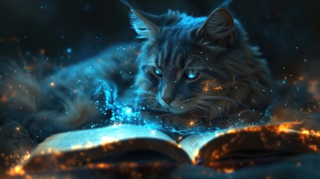 A cat wizard who manipulates the magic of shining stars while reading a magic book