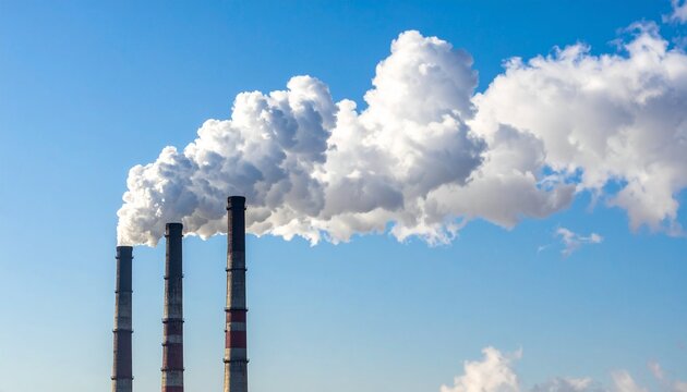 Three towering industrial chimneys powerfully release dense white smoke into a vibrant blue sky, highlighting themes of manufacturing, energy production, and atmospheric emissions