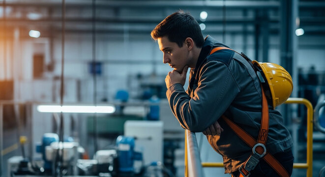 Serious industrial worker in safety harness and hard hat deep in thought within a manufacturing facility, contemplating operational challenges and future improvements