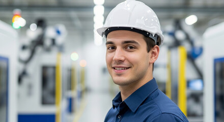 Smiling young male engineer in hard hat within a high-tech factory, showcasing industrial expertise and modern manufacturing leadership
