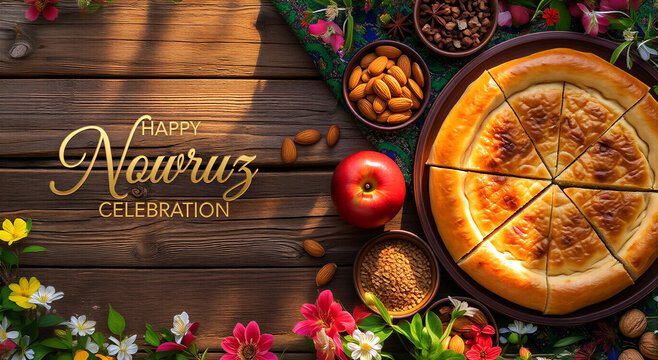 Traditional nowruz celebration with delicious flatbread nuts fruits and flowers on wooden table