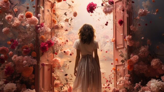 doorframe with opened doors on single color background with spring fowers