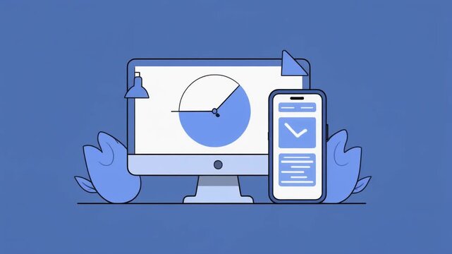 Minimalist outline illustration of responsive design concept with desktop computer and smartphone, 4k footage.