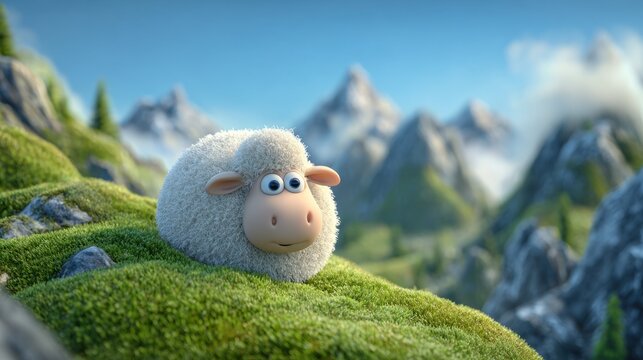 Cartoon of a fluffy white sheep rolling down a lush green grassy hill in a vibrant mountain landscape