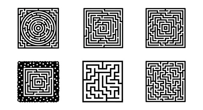 Set of Six Black and White Maze Icons: Circular, Square, and Complex Labyrinths