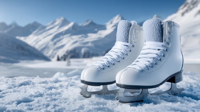 White Ice Skates Placed Side by Side on Uneven Snowy Ground with Mountains