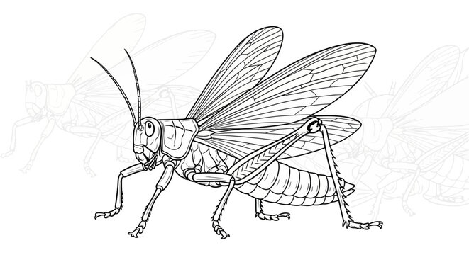 Detailed black and white illustration of a grasshopper with transparent wings