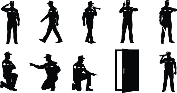 Collection of black silhouettes depicting security officers or police in various poses