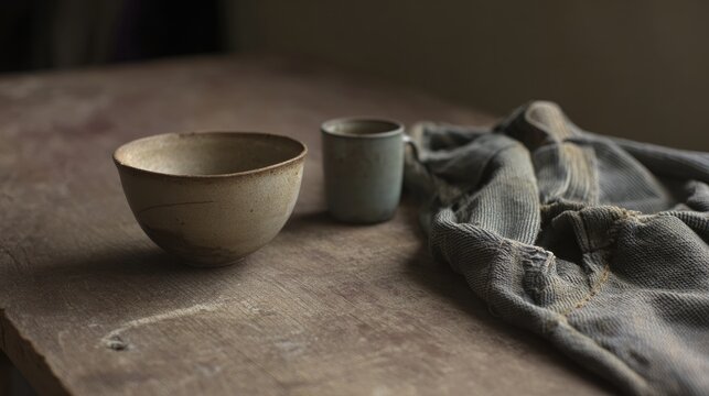 poverty. A worn wooden table with an empty bowl and a cracked ceramic cup. lifestyle magazines, social media lookbooks, designed for lifestyle magazines and social media content.