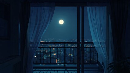 Obraz premium Peaceful night view from a dark room looking through a balcony at a bright full moon. The city lights glow below under a deep blue sky, framed by soft curtains for a cozy, urban feel.