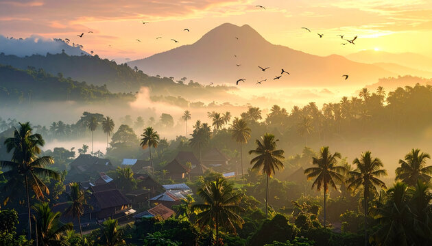 Sunrise and sunset over misty mountain landscape with clouds forest hills and glowing sky