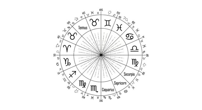 Zodiac wheel illustration astrological signs and celestial symbols