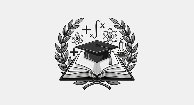 Educational emblem of knowledge featuring a mortarboard and open book vector illustration