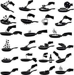 Obraz premium Hands preparing food in pans: detailed silhouette icons of cooking activities with food preparation