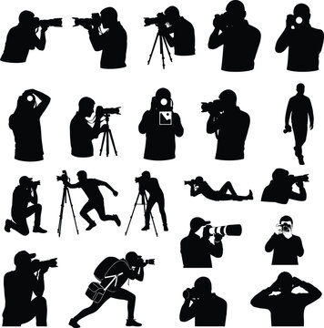 Diverse silhouettes of photographers with cameras and tripods in various poses and actions, shooting