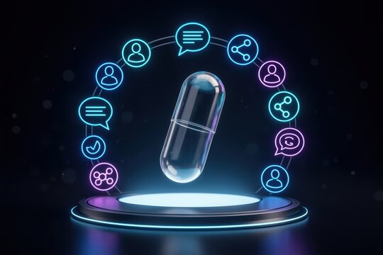 Medical capsule pill floating above a glowing pedestal with digital social media icons