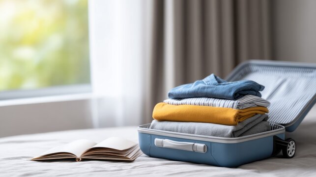 Holographic travel itinerary appearing above open suitcase with clothes