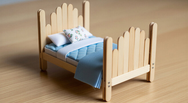 Small wooden doll bed with blue blanket and white pillows on light brown surface
